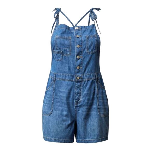 TORRID 5" blue denim light weight self tie Short Tall overall Shorts Size 20 - Picture 7 of 16